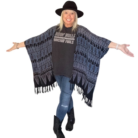 Boho Creations by Nana Sweaters - Upcycle Gorgeousness Black and Gray Poncho Style